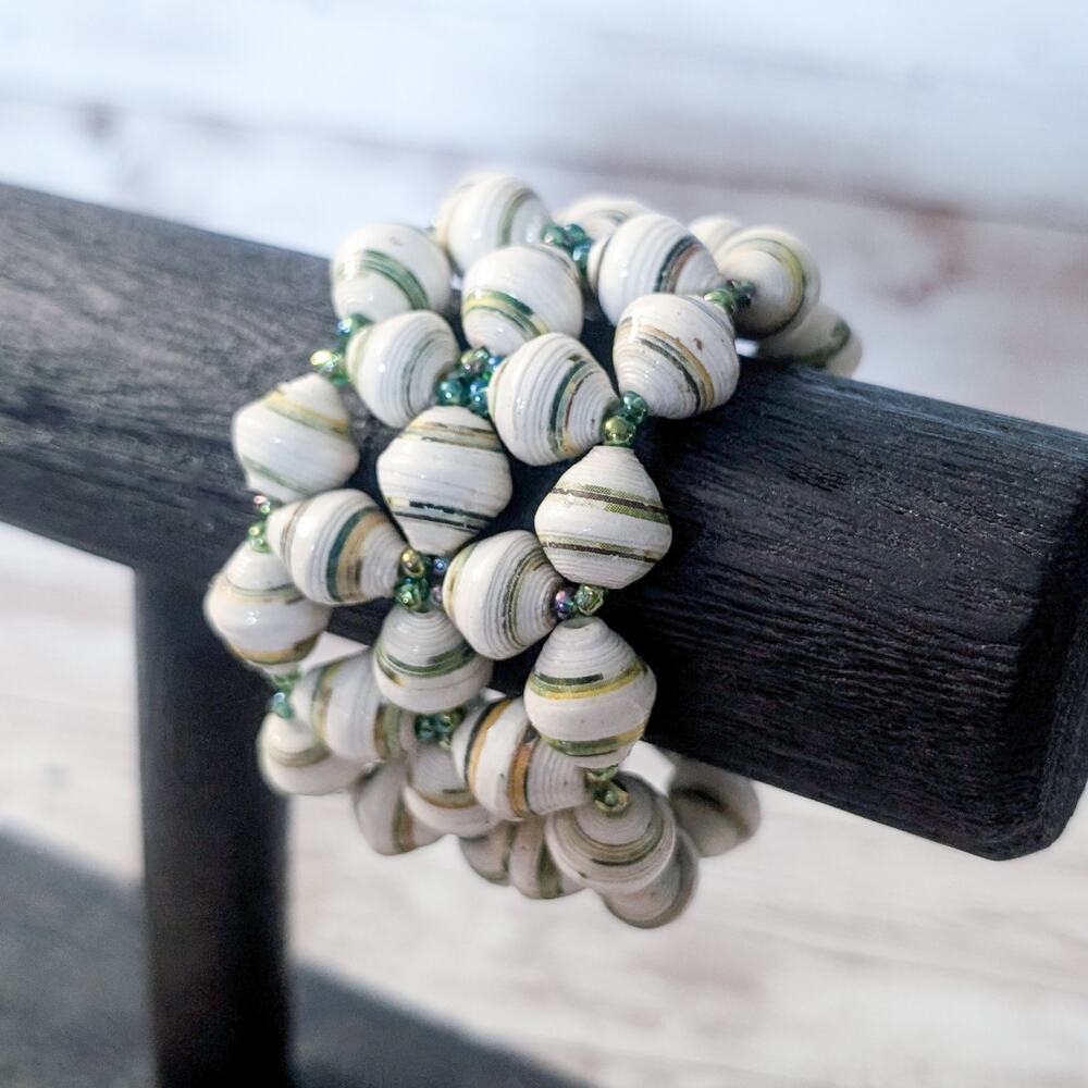 Vintage Stretch Bracelet Wide & Chunky Green & Cream Tones